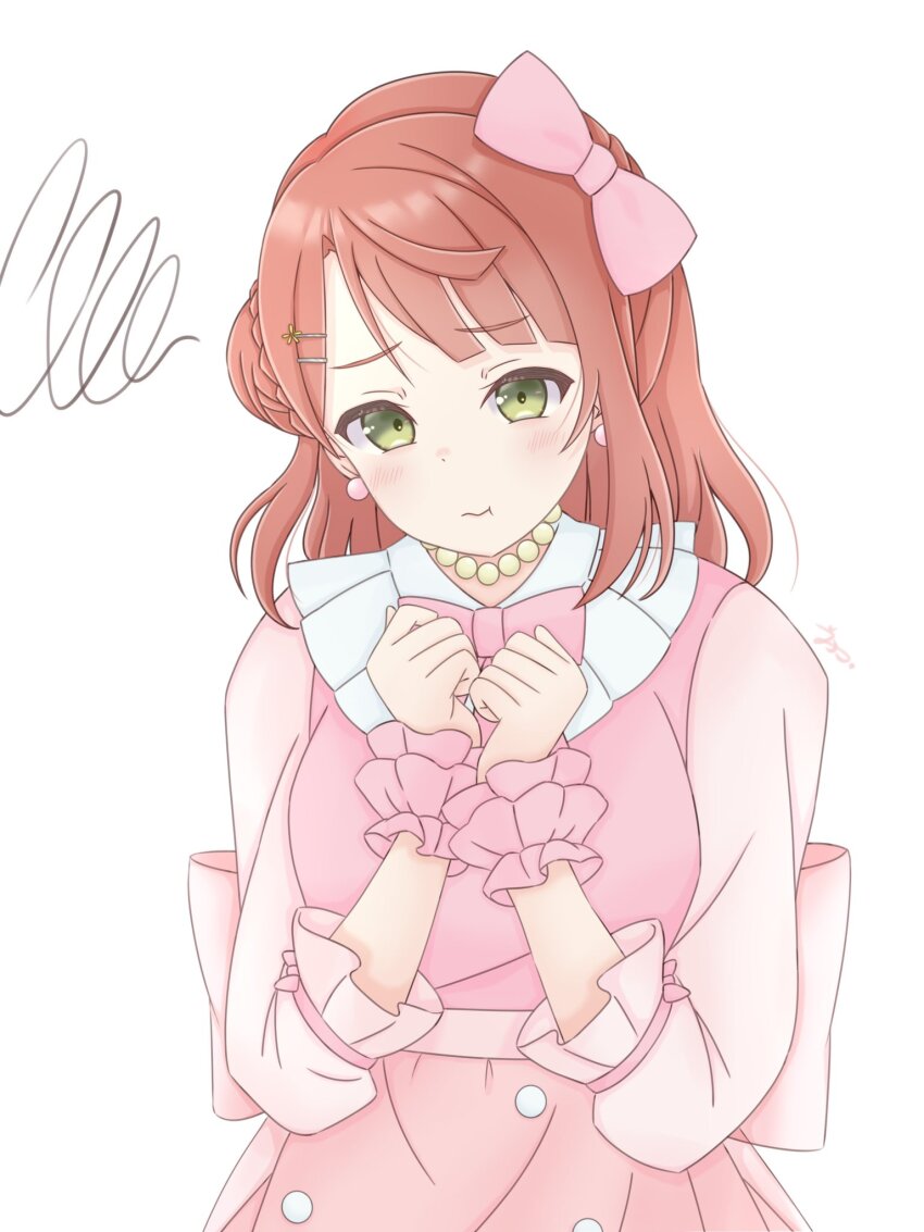 1girl, :t, bead_choker, beads, blush, braid, buchiko_(shakishaki25726), bun_with_braided_base