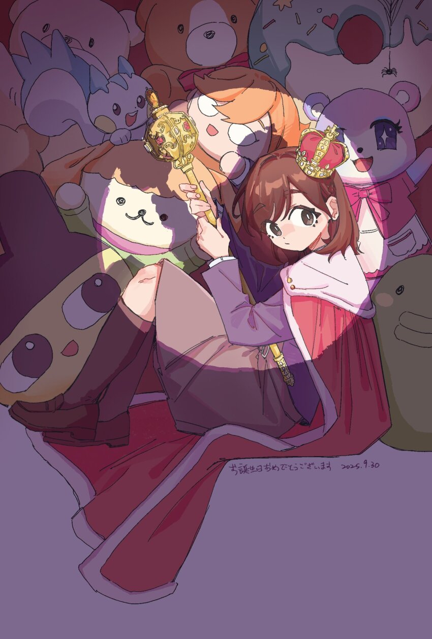 1girl, animification, arched_crown, blue_shirt, brown_hair, brown_shoes, brown_socks, cape