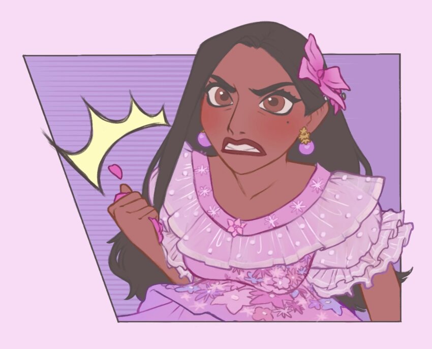 1girl, brown_eyes, brown_hair, colombian_clothes, dark-skinned_female, dark_skin, dress, earrings