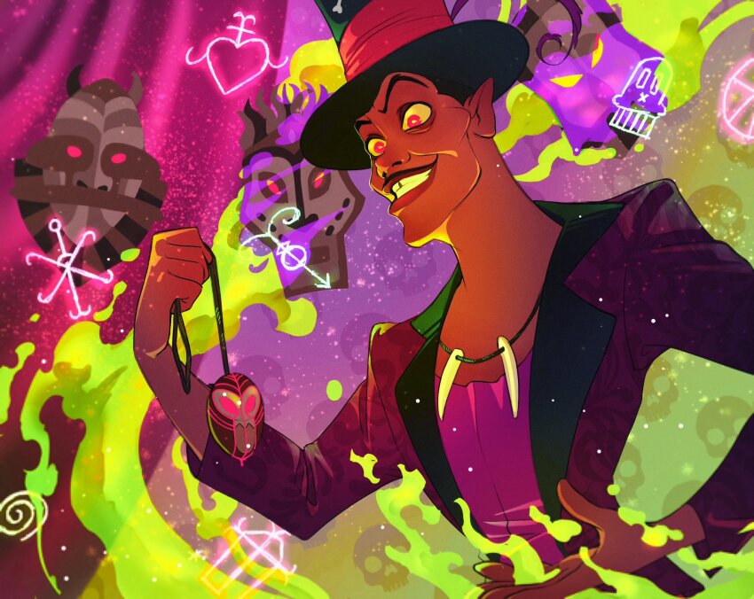 1boy, amulet, black_hair, dark_skin, dr._facilier, hat, highres, looking_at_viewer, male_focus, open_mouth, ri_ri_ri2, shirt, short_hair, smile, solo, the_princess_and_the_frog_(disney), toon_(style), top_hat, voodoo