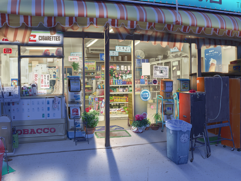 night, no_humans, original, sai_gakai, scenery, shop, trash_can