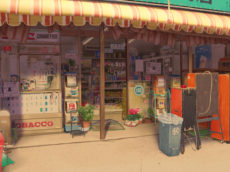 evening, no_humans, original, sai_gakai, scenery, shop, sunset, trash_can