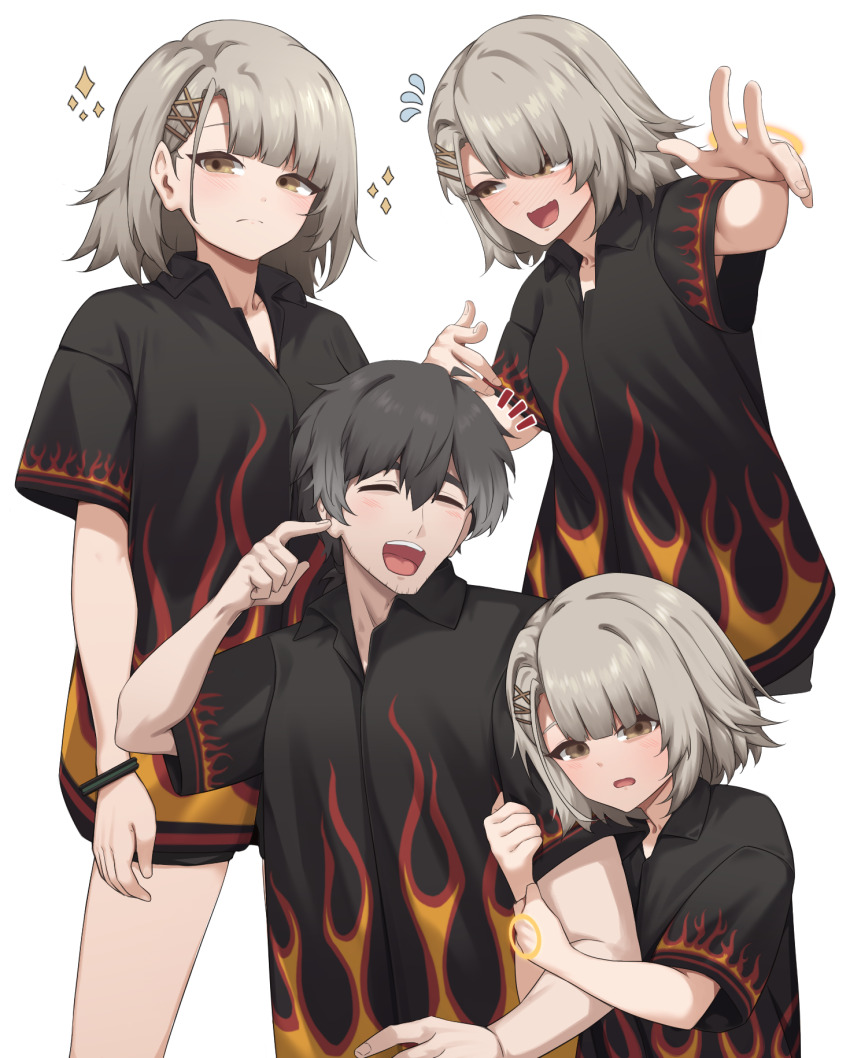 1boy, 1girl, adachi_t_(xadachit), black_hair, black_shirt, blush, brown_hair, closed_eyes