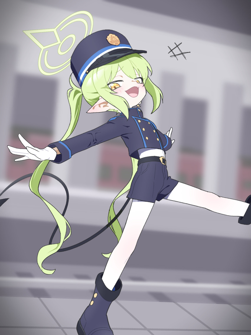 +++, 1girl, :d, belt, black_belt, black_boots, black_hat, black_jacket