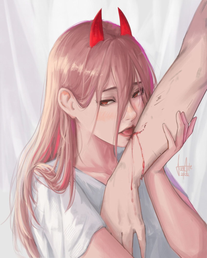 1girl, 1other, absurdres, bite_mark, blood, chainsaw_man, collarbone, commentary, cross-shaped_pupils, dated, demon_girl, demon_horns, english_commentary, hair_between_eyes, highres, horns, licking_another's_arm, long_hair, long_hair_between_eyes, luxearte, orange_eyes, pink_hair, power_(chainsaw_man), red_horns, shirt, signature, solo_focus, symbol-shaped_pupils, tongue, tongue_out, white_shirt