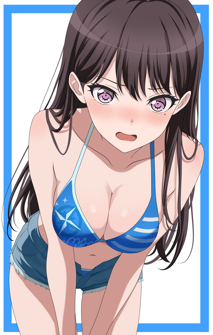 1girl, absurdres, bang_dream!, bang_dream!_it's_mygo!!!!!, bikini, bikini_bottom_under_shorts, bikini_under_clothes, black_hair, blue_bikini, blue_border, blue_shorts, blush, border, breasts, cleavage, commentary, commission, english_commentary, fries_vanquisher, highres, inset_border, large_breasts, long_hair, mole, mole_under_eye, mygo!!!!!_logo_(bang_dream!), navel, open_mouth, pixiv_commission, purple_eyes, shiina_taki, shorts, solo, swimsuit
