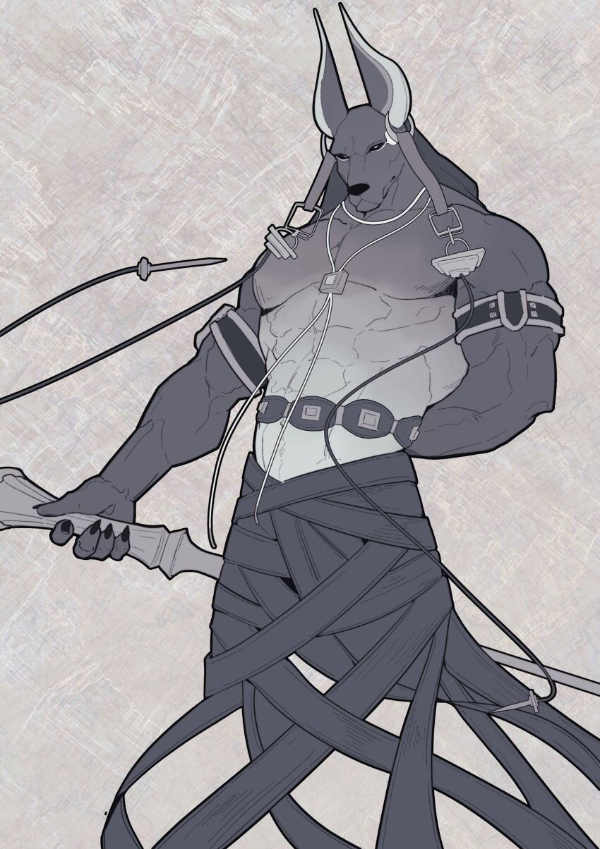 1boy, abs, absurdres, animal_ears, arm_behind_back, bara, black_sclera, claws