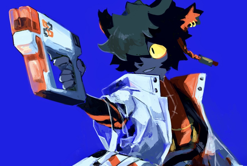 1boy, aak_(arknights), aiming, animal_ear_piercing, animal_ears, arknights, black_nails, blue_background