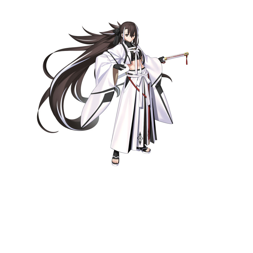 1girl, black_gloves, brown_eyes, brown_hair, crop_top, fate/grand_order, fate_(series), full_body