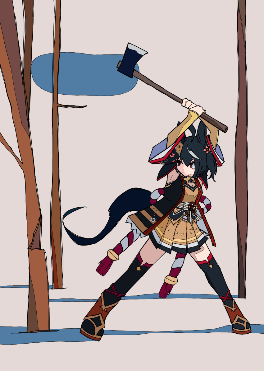 1girl, absurdres, ahoge, animal_ears, axe, black_hair, bow, breasts