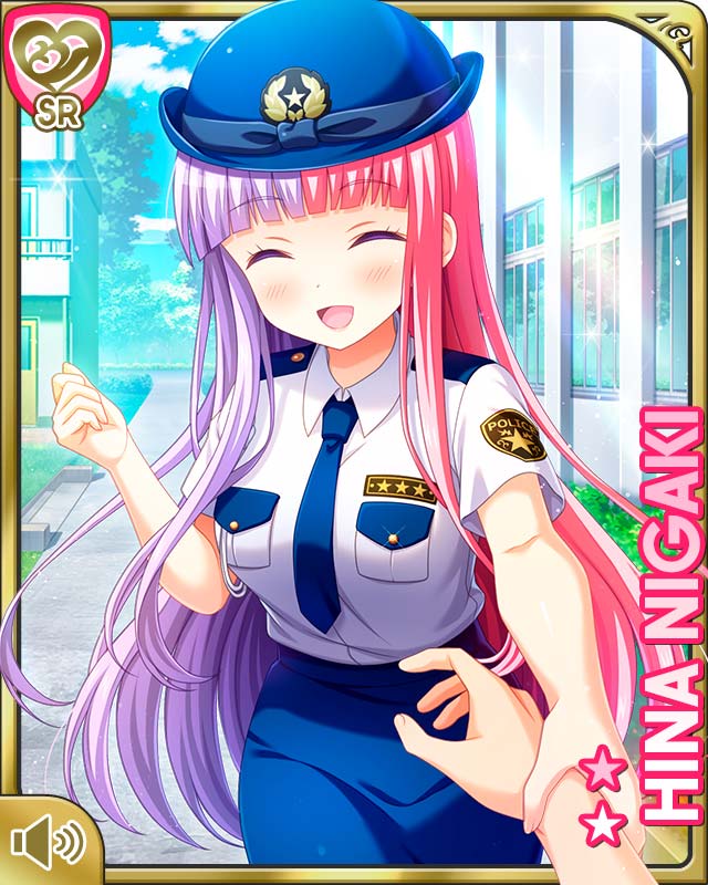 1girl, :d, blue_necktie, blue_skirt, card, character_name, closed_eyes, day, female_focus, girlfriend_(kari), holding_wrist, long_hair, multicolored_hair, necktie, niigaki_hina, official_art, open_mouth, outdoors, pencil_skirt, pink_hair, poilice_hat, police, police_uniform, policewoman, purple_eyes, purple_hair, qp:flapper, shirt, skirt, smile, solo, tagme, whistle, white_shirt