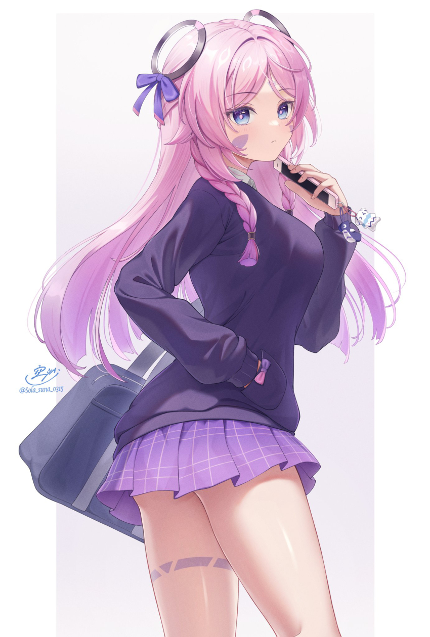 1girl, alternate_costume, bag, blue_eyes, braid, breasts, cardigan, cellphone