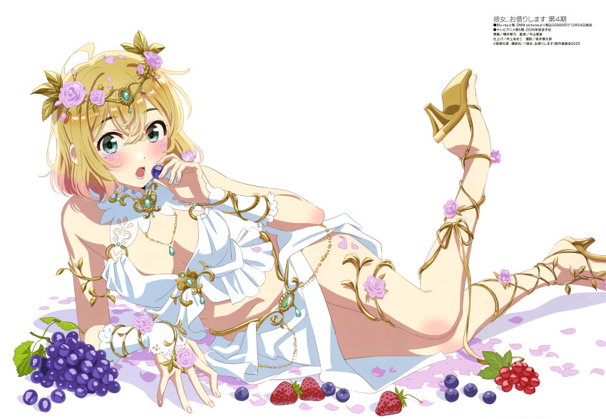 1girl, absurdres, anime_coloring, artist_request, copyright_name, copyright_notice, facial_mark, flower_facial_mark, flower_symbol, high_heel_sandals, high_heels, highres, kanojo_okarishimasu, looking_at_viewer, magazine_scan, megami_magazine, official_art, petals, pink_petals, sandals, scan, simple_background, solo, tagme, white_background