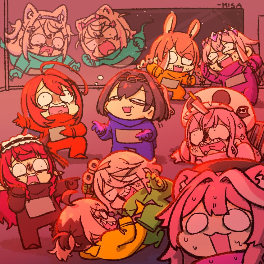 6+girls, ahoge, among_us, animal_ear_fluff, animal_ears, asymmetrical_horns, bandaid, bandaid_hair_ornament, black_(among_us), black_(among_us)_(cosplay), blonde_hair, blue_(among_us), blue_(among_us)_(cosplay), blue_eyes, blue_hair, blue_hairband, braid, brown_hair, cecilia_immergreen, chain, chain_headband, chibi, colored_inner_hair, cosplay, crewmate_(among_us), crewmate_(among_us)_(cosplay), cyan_(among_us), cyan_(among_us)_(cosplay), dog_ears, dog_girl, dog_tail, elizabeth_rose_bloodflame, fake_horns, fuwawa_abyssgard, gem, gem_hair_ornament, ghost_(among_us), ghost_(among_us)_(cosplay), gigi_murin, green_streaks, grey_hair, hair_intakes, hair_ornament, hairband, highres, holding, holding_knife, holoadvent, holojustice, hololive, hololive_english, horn_hairband, horns, huge_ahoge, irys_(hololive), irys_(maid)_(hololive), jellyfish_cut, jewel_under_eye, knife, koseki_bijou, lace-trimmed_headdress, lime_(among_us), lime_(among_us)_(cosplay), long_hair, low_twin_braids, mococo_abyssgard, mori_calliope, multicolored_hair, multiple_girls, open_mouth, orange_(among_us), orange_(among_us)_(cosplay), orange_hair, ouro_kronii, panther_ears, panther_girl, pink_(among_us), pink_(among_us)_(cosplay), pink_eyes, pink_hair, pink_hairband, purple_(among_us), purple_(among_us)_(cosplay), purple_eyes, purple_gem, purple_hair, rabbit_ears, raora_panthera, red_(among_us), red_(among_us)_(cosplay), siblings, sisters, smile, streaked_hair, tail, takanashi_kiara, twin_braids, twins, twintails, two-tone_hair, uneven_horns, very_long_hair, virtual_youtuber, wakatsuki_misato, winding_key, yellow_(among_us), yellow_(among_us)_(cosplay)