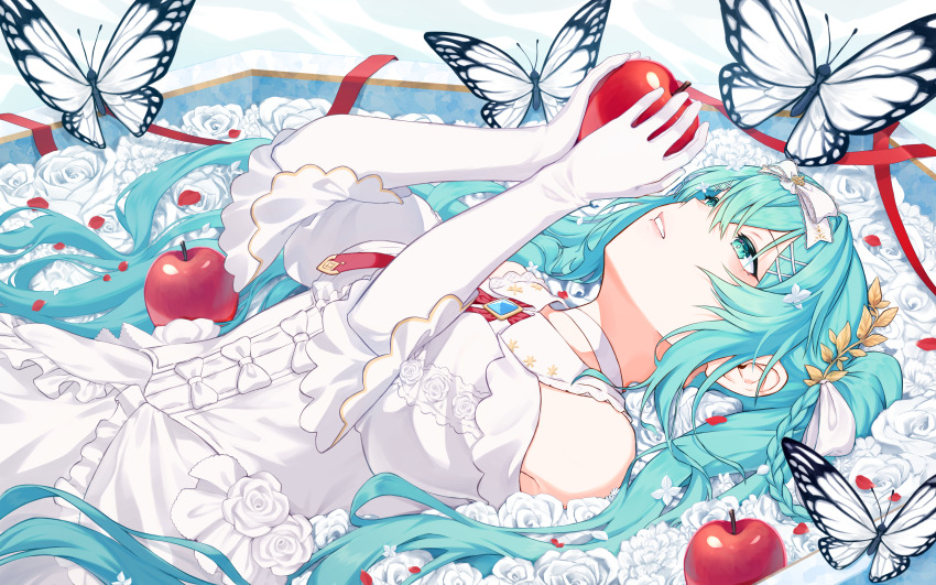 1girl, absurdres, apple, aqua_eyes, aqua_hair, bare_shoulders, bow, braid, bug, butterfly, choker, dress, elbow_gloves, flower, food, fruit, gloves, gomimusi_go_go, hair_between_eyes, hair_bow, hair_ornament, hairclip, hatsune_miku, highres, holding, holding_food, holding_fruit, insect, leaf_hair_ornament, long_hair, lying, on_back, parted_lips, red_ribbon, ribbon, rose, shiroi_yuki_no_princess_wa_(vocaloid), sleeveless, sleeveless_dress, solo, twintails, very_long_hair, vocaloid, white_bow, white_butterfly, white_choker, white_dress, white_flower, white_gloves