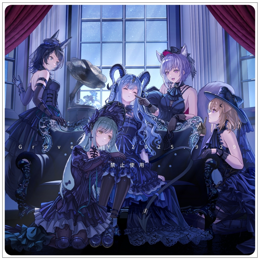 5girls, animal_ears, arknights, artist_name, ave_mujica_(bang_dream!), bang_dream!, bang_dream!_it's_mygo!!!!!, black_bonnet