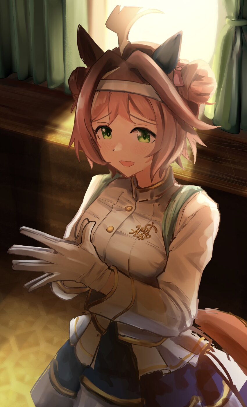 1girl, ahoge, alternate_costume, animal_ears, blue_skirt, breasts, brown_hair, cosplay