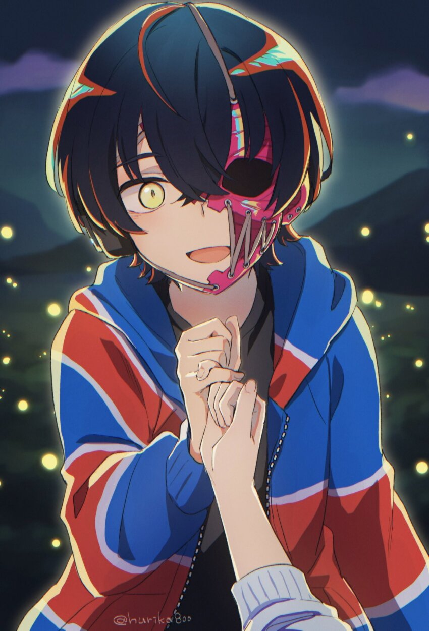 1boy, 1girl, :d, backlighting, black_hair, black_shirt, commentary, fireflies