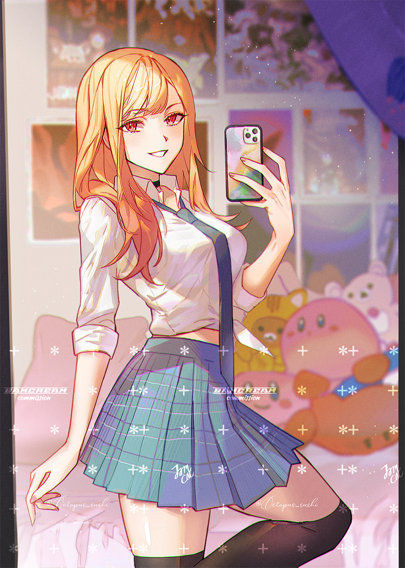 1girl, bamcream, black_thighhighs, blonde_hair, blue_necktie, blue_skirt, blurry, blurry_background, blush, cellphone, character_doll, collared_shirt, commentary, cowboy_shot, doll, english_commentary, grin, holding, holding_phone, kirby, kirby_(series), kitagawa_marin, long_hair, long_sleeves, looking_at_viewer, necktie, nintendo, phone, pleated_skirt, red_eyes, school_uniform, shirt, skirt, smartphone, smile, solo, sono_bisque_doll_wa_koi_wo_suru, thighhighs, white_shirt, zettai_ryouiki