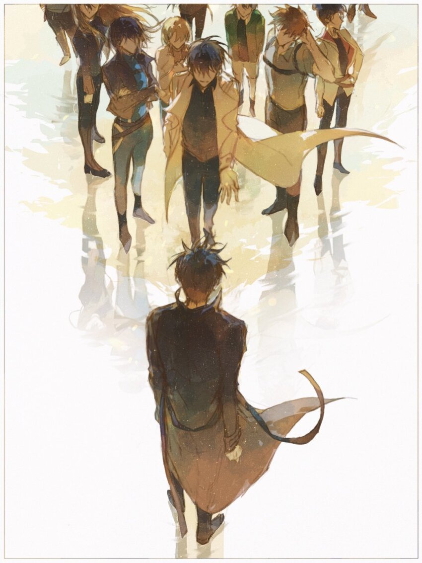 3boys, 3others, 4girls, black_coat, black_hair, black_jacket, blonde_hair, blue_shirt, border, breathing742105, brown_hair, clenched_hand, coat, crossed_arms, everyone, from_above, full_body, green_jacket, han_sooyoung, highres, jacket, jung_heewon, kim_dokja, lee_gilyoung, lee_jihye, long_hair, multiple_boys, multiple_girls, multiple_others, offering_hand, omniscient_reader's_viewpoint, open_clothes, open_coat, out_of_frame, outstretched_arm, popped_collar, reflective_floor, scratching_head, shin_yoosung, shirt, short_hair, white_border, white_coat, wind, wind_lift, yoo_joonghyuk, yoo_sangah