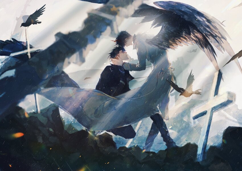 2boys, bird, black_coat, black_eyes, black_hair, black_wings, breathing742105, coat, column, cross, crow, debris, demon_horns, feathered_wings, full_body, hand_on_another's_face, highres, horns, kim_dokja, lens_flare, light_rays, looking_at_another, male_focus, multiple_boys, official_alternate_costume, omniscient_reader's_viewpoint, open_clothes, open_coat, pillar, popped_collar, ruins, short_hair, standing, standing_on_one_leg, surprised, white_coat, wings, yaoi, yoo_joonghyuk