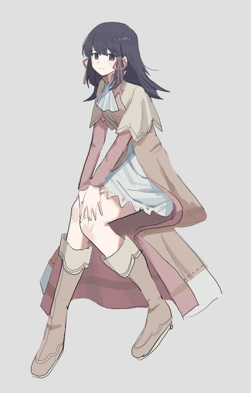 1girl, ascot, black_eyes, black_hair, boots, brown_coat, coat, hair_ribbon