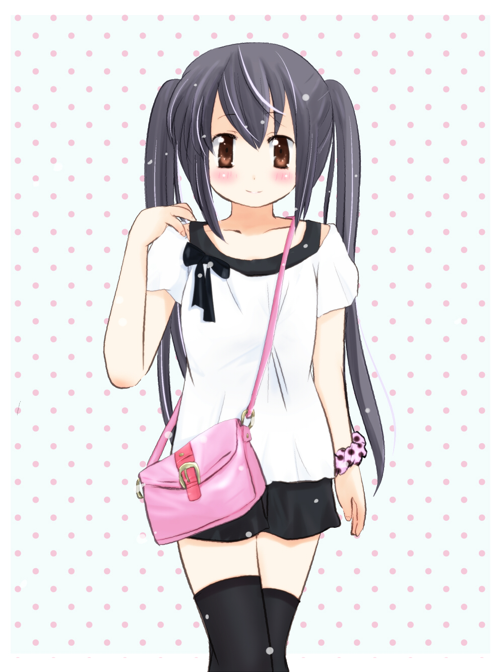 bad_id, bad_pixiv_id, bag, black_hair, brown_eyes, casual, handbag, highres, hoshi_mirin, k-on!, long_hair, nakano_azusa, solo, thighhighs, twintails