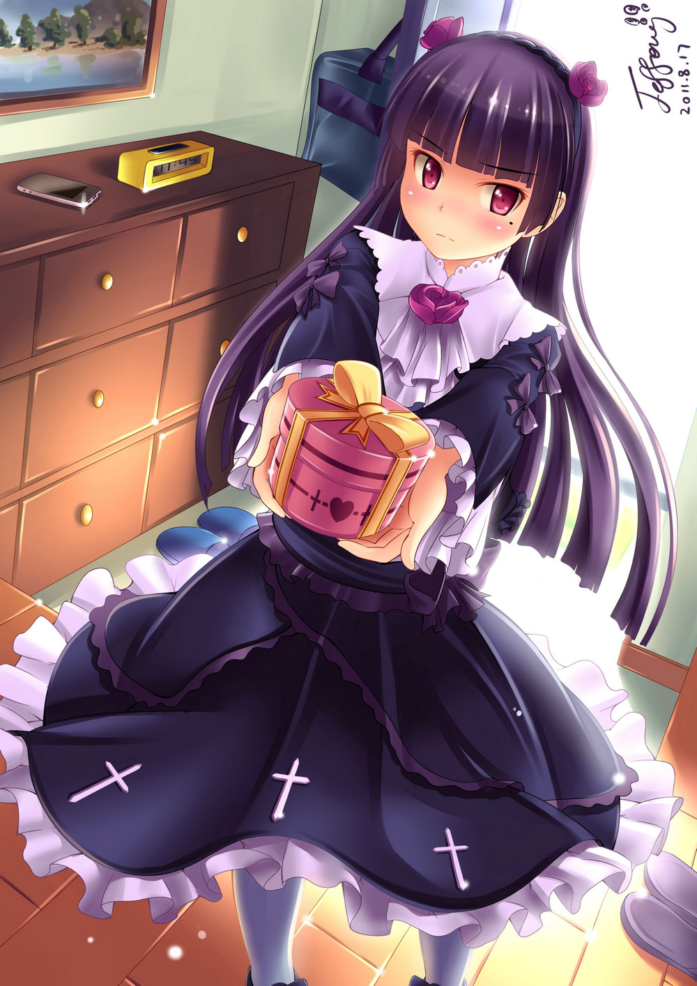 1girl, alarm_clock, black_hair, box, cellphone, clock, dress, female_focus, gift, giving, gokou_ruri, gothic_lolita, highres, holding, holding_gift, iphone, jeffery_(backam), lolita_fashion, long_hair, looking_at_viewer, mole, mole_under_eye, ore_no_imouto_ga_konna_ni_kawaii_wake_ga_nai, pantyhose, phone, purple_hair, red_eyes, smartphone, solo, valentine
