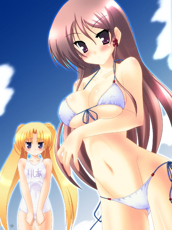 2girls, aiyoku_no_eustia, bikini, blonde_hair, blue_eyes, blush, breast_envy, breasts