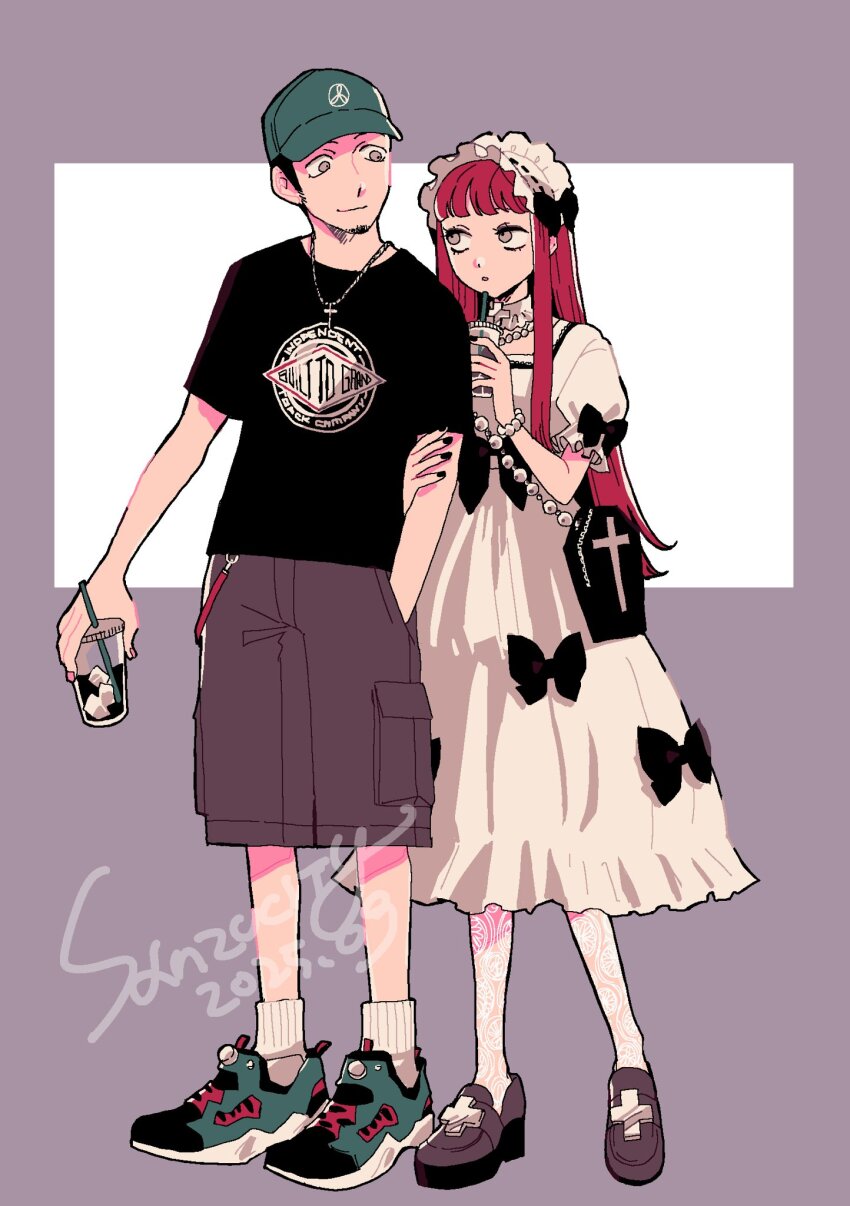 1boy, 1girl, :o, artist_name, baseball_cap, black_bow, black_hair, black_shirt, blunt_bangs, bow, bracelet, brown_shoes, brown_shorts, buzz_cut, cargo_shorts, city_sanzu, closed_mouth, coffin-shaped_bag, collar, cross, cross_necklace, cup, dated, dress, drink, facial_hair, full_body, goatee, goth_fashion, gothic_lolita, grabbing_another's_arm, green_hat, green_shoes, grey_eyes, hairband, hand_in_pocket, hat, hetero, highres, holding, holding_cup, holding_drink, ice, iori_junpei, jewelry, lace, lace_hairband, lace_pantyhose, lolita_fashion, lolita_hairband, long_hair, looking_at_another, necklace, pantyhose, parted_lips, pearl_bracelet, pearl_necklace, persona, persona_3, purple_background, red_hair, shirt, shoes, short_hair, short_sleeves, shorts, sidelocks, smile, sneakers, socks, standing, two-tone_background, very_short_hair, white_background, white_collar, white_dress, white_hairband, white_pantyhose, white_socks, yoshino_chidori