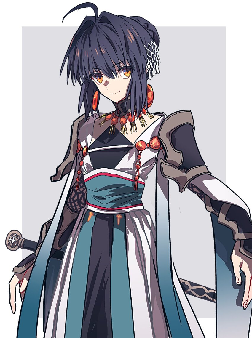 1other, ahoge, androgynous, arm_guards, black_hair, braid, braided_bun, bridal_gauntlets