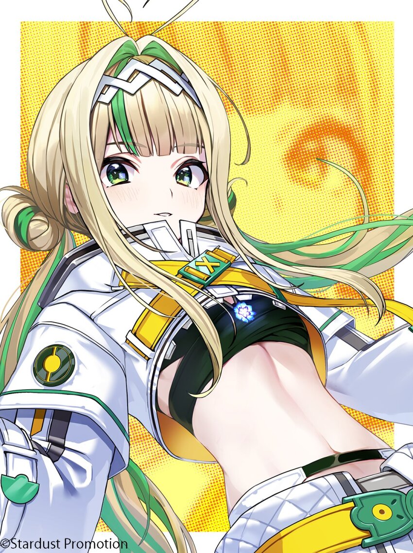 1girl, ahoge, antenna_hair, blonde_hair, copyright_notice, double_bun, green_eyes, green_hair, hair_bun, heart, heart_ahoge, highres, jacket, kagawa_ichigo, multicolored_hair, pal_pachip, stardust_virtual_studio, virtual_youtuber, white_jacket