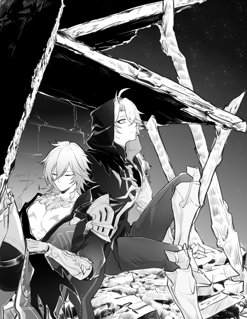 2boys, absurdres, antenna_hair, armor, armored_boots, black_cloak, black_coat, black_pants