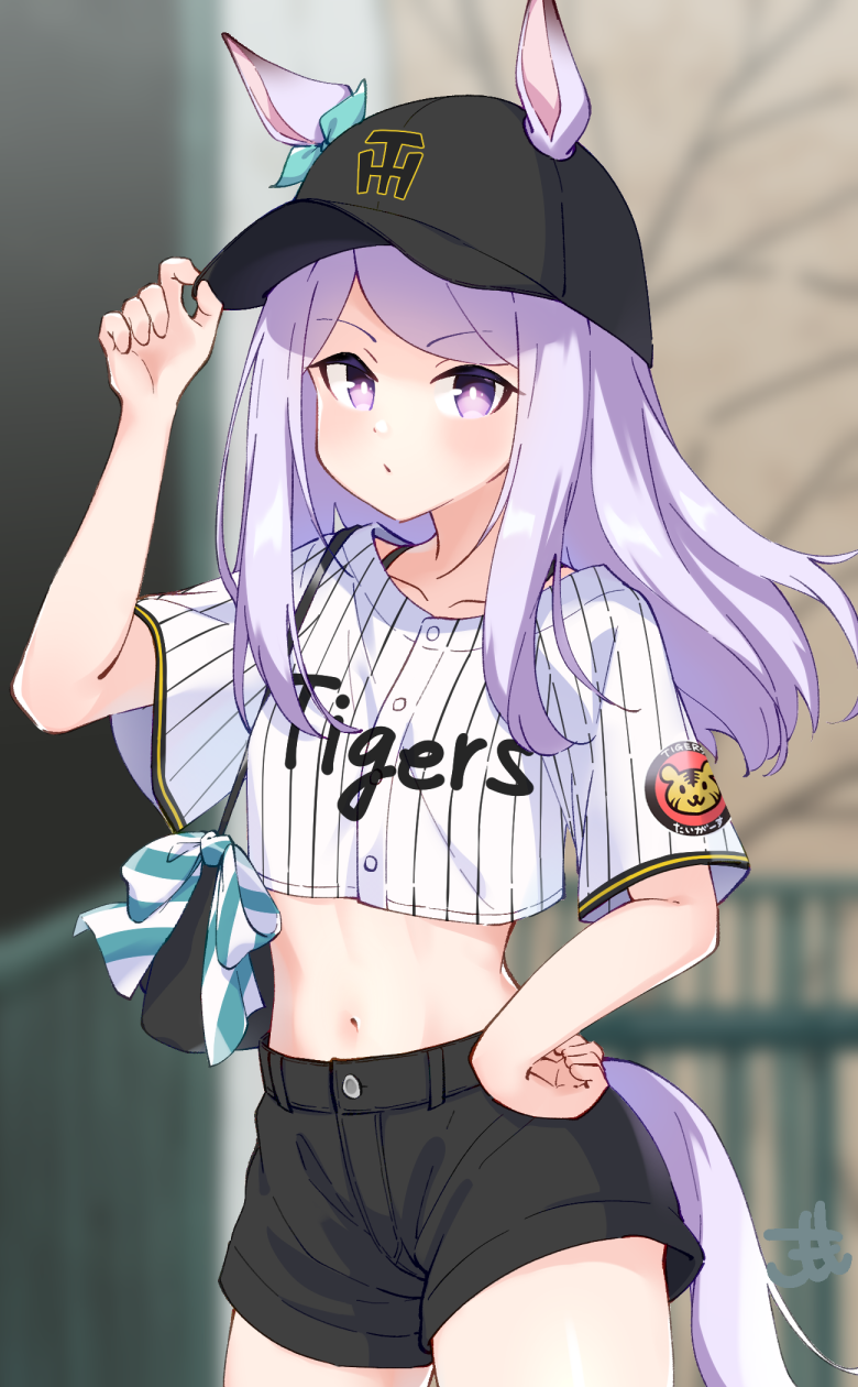 1girl, animal_ears, aqua_bow, bag, bag_bow, baseball_cap, baseball_uniform, black_bag