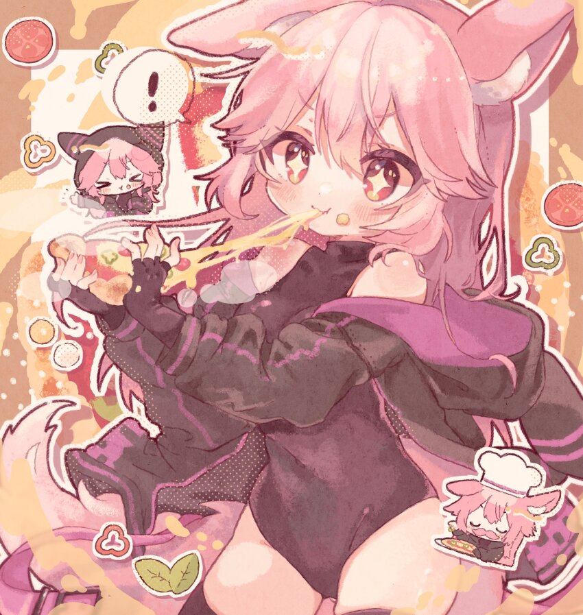 !, +_+, 1girl, animal_ear_fluff, animal_ears, bare_shoulders, black_gloves, black_jacket, black_leotard, blush, chibi, chiino_(vtuber), closed_mouth, commentary, commission, cowboy_shot, eating, fingerless_gloves, food, fox_ears, fox_girl, fox_tail, gloves, heattech_leotard, highres, holding, holding_food, indie_virtual_youtuber, jacket, kamizakana_iriko, leotard, long_hair, long_sleeves, open_clothes, open_jacket, outline, pink_hair, pizza, red_eyes, skeb_commission, sleeveless, sleeveless_turtleneck, spoken_exclamation_mark, tail, turtleneck, virtual_youtuber, white_outline