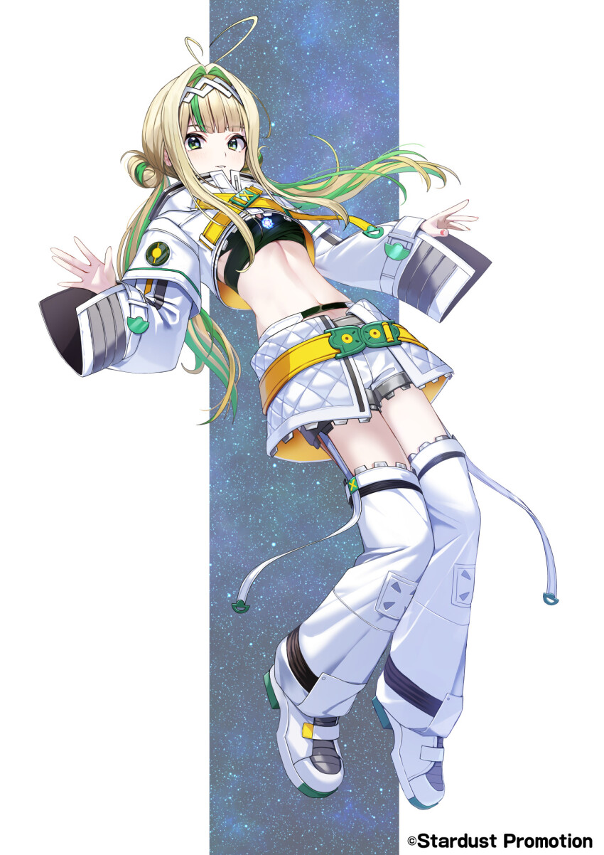 1girl, ahoge, antenna_hair, blonde_hair, copyright_notice, double_bun, green_eyes, green_hair