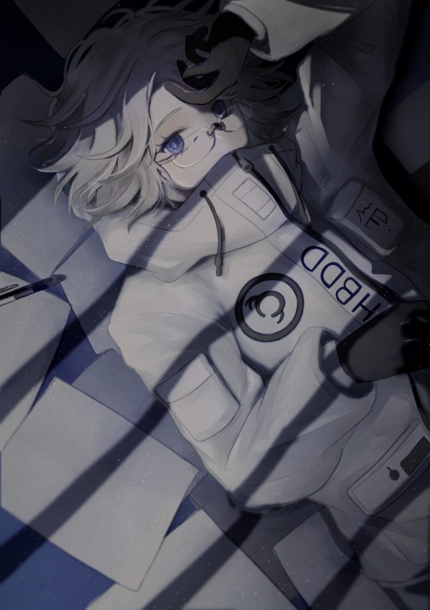 1boy, aotsuki_eito, arm_up, black_gloves, boombi, breast_pocket, chinese_commentary, commentary_request