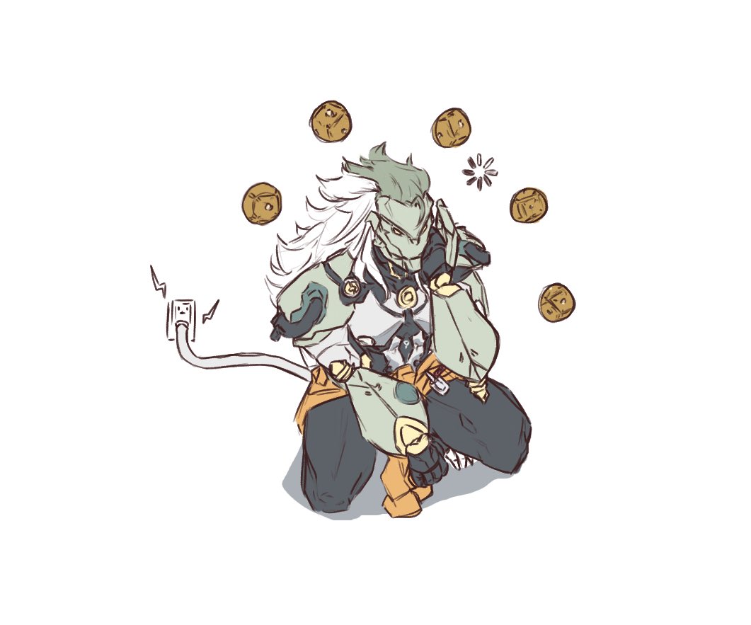 1boy, banyue_(zenless_zone_zero), bara, commentary, dragon_gami, electric_plug, english_commentary, grey_hair