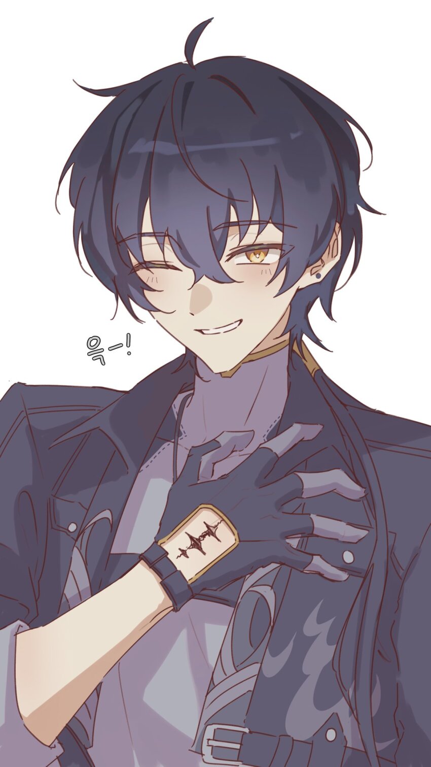 1boy, black_gloves, black_hair, black_jacket, dooyam_830, gloves, grey_background, highres