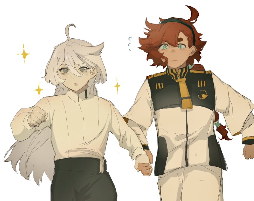 2girls, ahoge, asticassia_school_uniform, blue_eyes, closed_mouth, commentary, flying_sweatdrops, grey_eyes