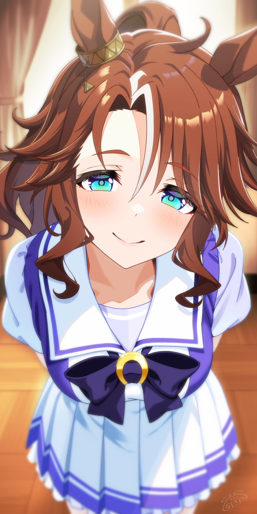 1girl, absurdres, animal_ears, aqua_eyes, arms_behind_back, blush, brown_hair, closed_mouth