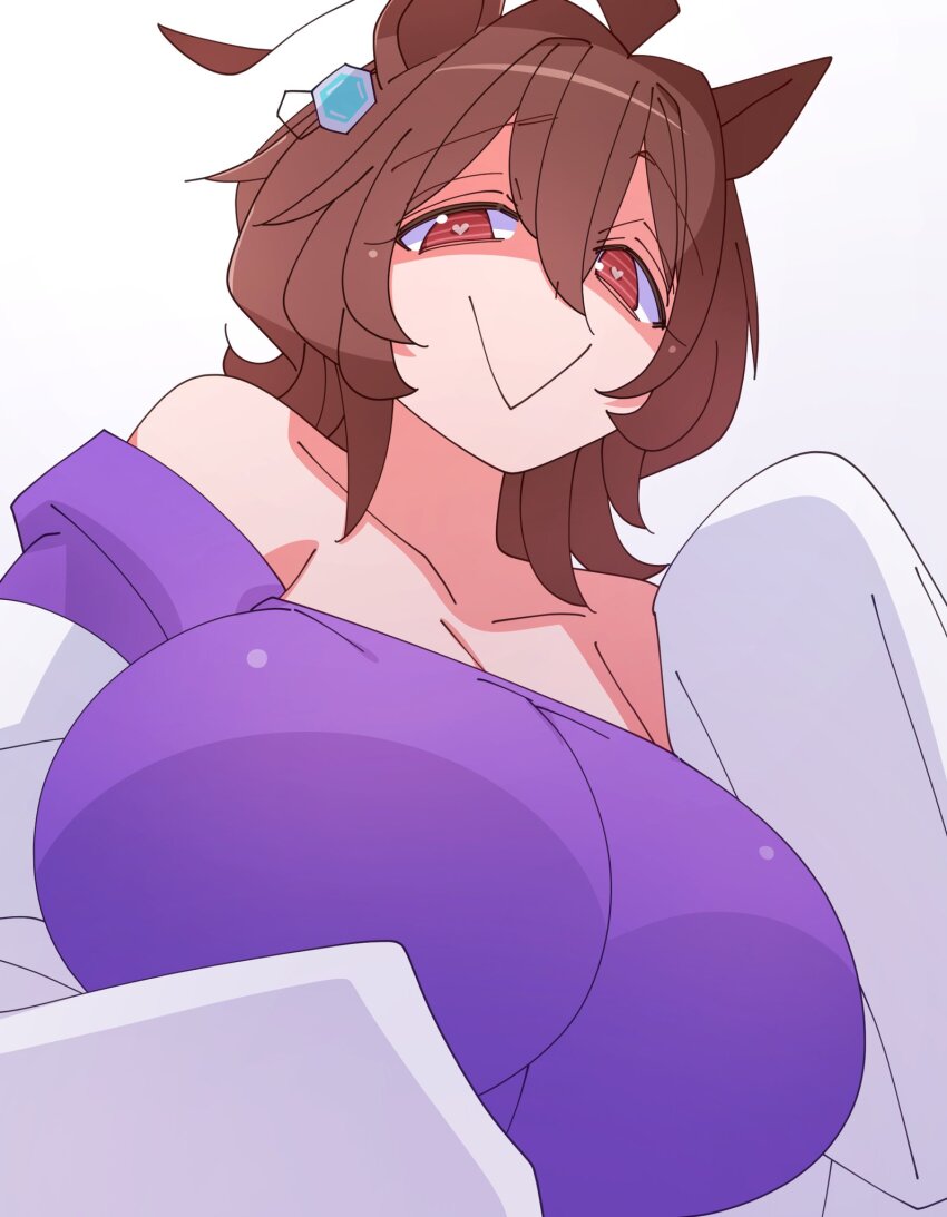 1girl, :>, agnes_tachyon_(casual)_(umamusume), agnes_tachyon_(umamusume), ahoge, alternate_breast_size_(larger), animal_ears, breasts