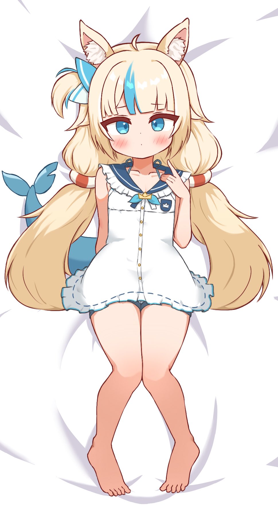 ahoi, animal_ear_fluff, animal_ears, barefoot, blonde_hair, blue_bow, blue_eyes, blue_hair