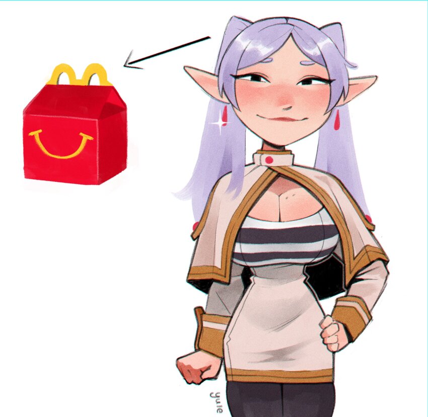 1girl, alternate_breast_size_(larger), arm_at_side, black_leggings, breasts, capelet, cleavage, cowboy_shot, earrings, elf, floating_earrings, frieren, hand_on_own_hip, happy_meal, highres, is_it_really_worth_it_(meme), jewelry, large_breasts, leggings, meme, milkghost, mole, mole_on_breast, parted_bangs, pointy_ears, signature, smile, solo, sousou_no_frieren, striped_clothes, teardrop_earrings, twintails, white_background, white_capelet, white_hair