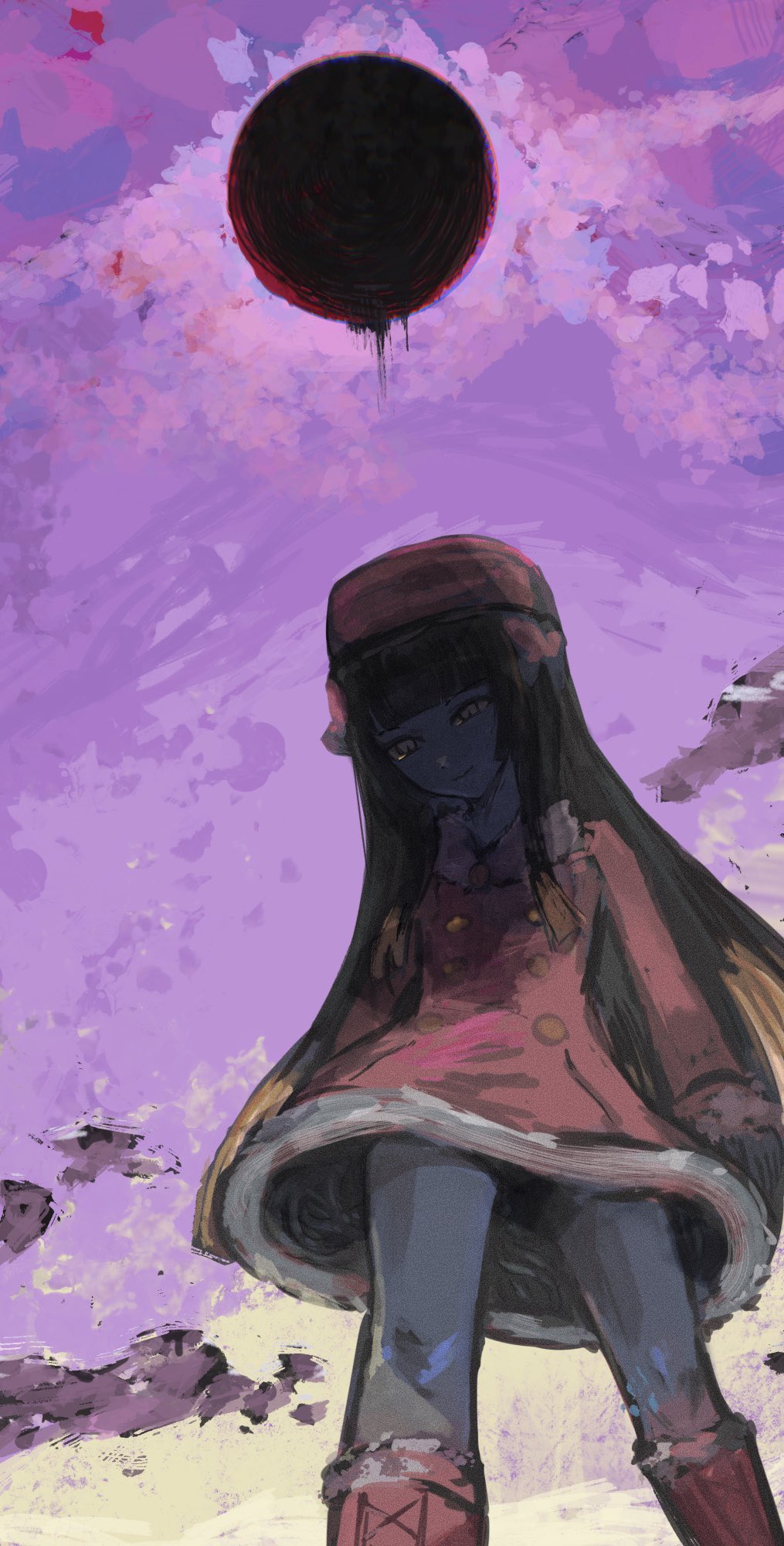 1girl, black_hair, boots, brown_hair, dress, feet_out_of_frame, fur-trimmed_boots, fur-trimmed_dress