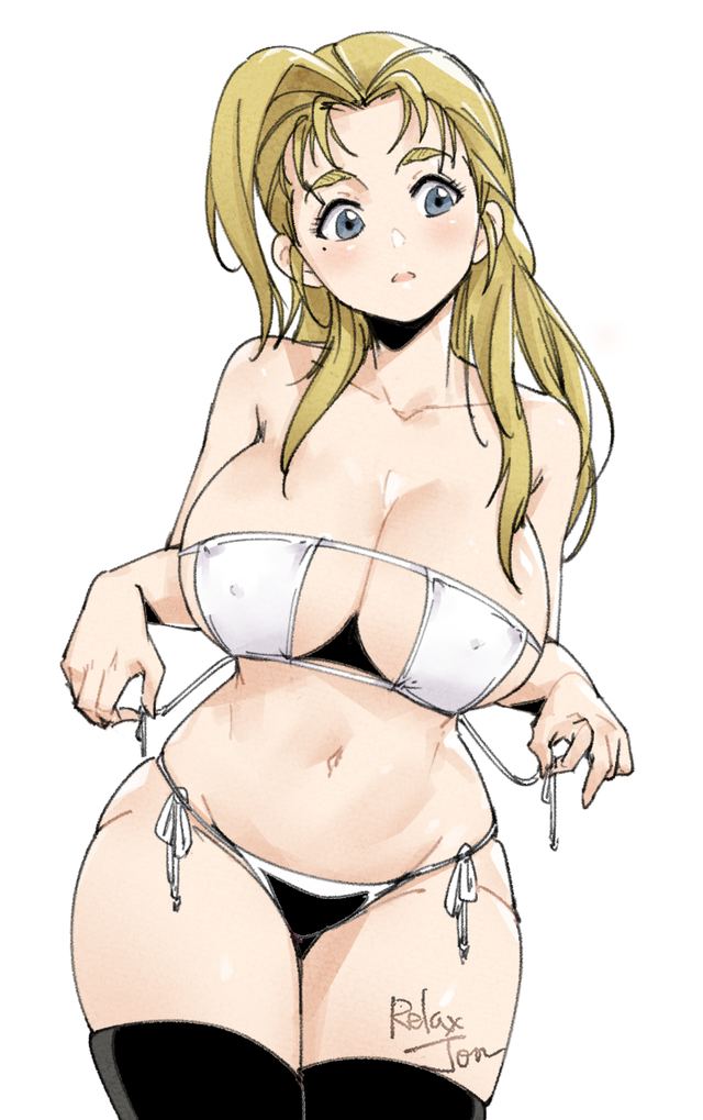 1girl, artist_name, bare_shoulders, bikini, black_thighhighs, blonde_hair, blue_eyes, blush