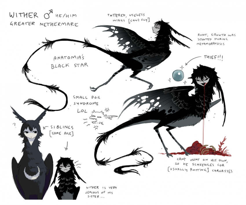 :<, :d, ?, black_feathers, black_tail, black_wings, blood, blood_from_mouth, blue_gem, bone, character_name, chest_markings, closed_mouth, english_text, feathers, gem, grey_feathers, harpy, highres, human_head, jejejunum, mars_symbol, monster_girl, multicolored_feathers, open_mouth, original, reference_sheet, simple_background, smile, traditional_harpy, whisper_(jejejunum), white_background, wings, wither_(jejejunum)