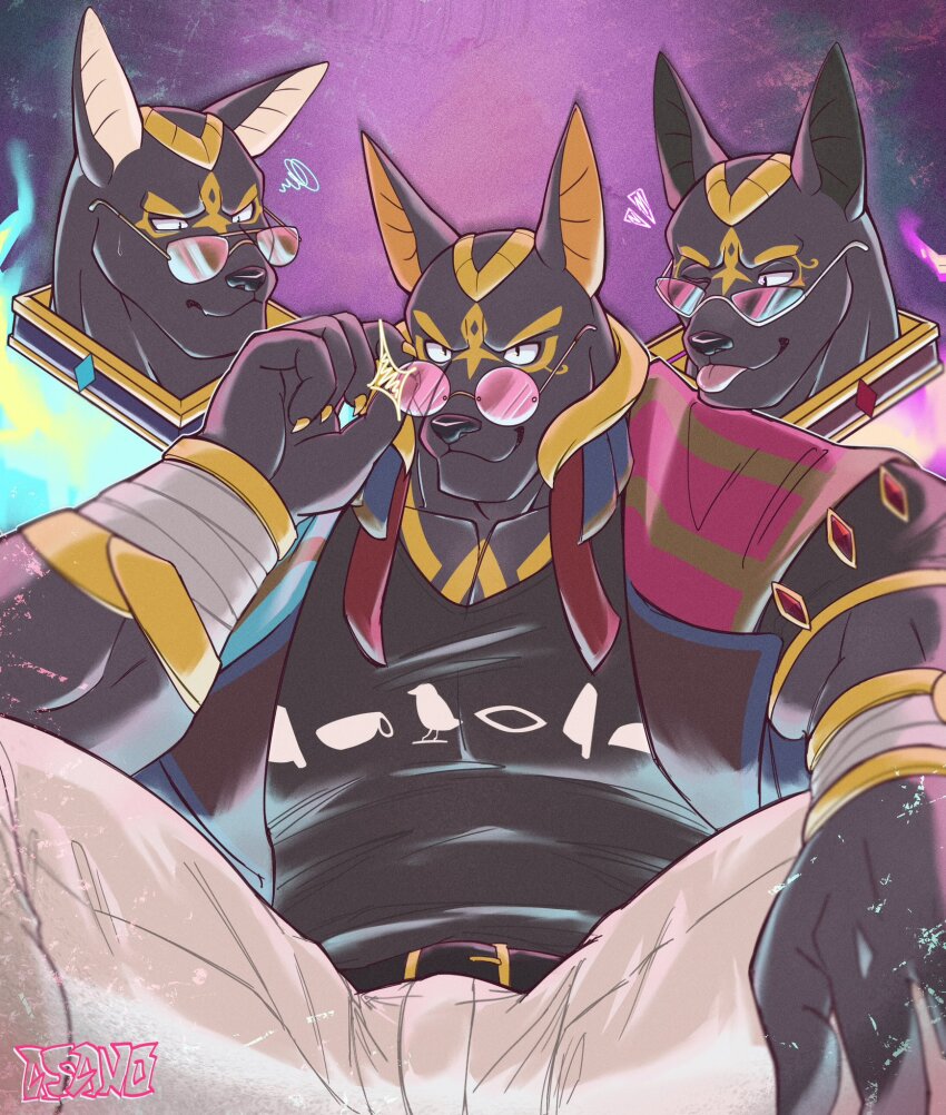1boy, animal_ears, anuberus_(xxl), artist_name, asano_(asanoozeann), bara, black_shirt, claws, closed_mouth, commentary, english_commentary, flaming_head, floating_head, furry, furry_male, hieroglyphics, highres, jackal_boy, jackal_ears, looking_at_viewer, male_focus, multiple_heads, muscular, muscular_male, one_eye_closed, pants, pectorals, round_eyewear, shirt, smile, squiggle, sunglasses, tongue, tongue_out, vest, white_pants, xxl_woofia