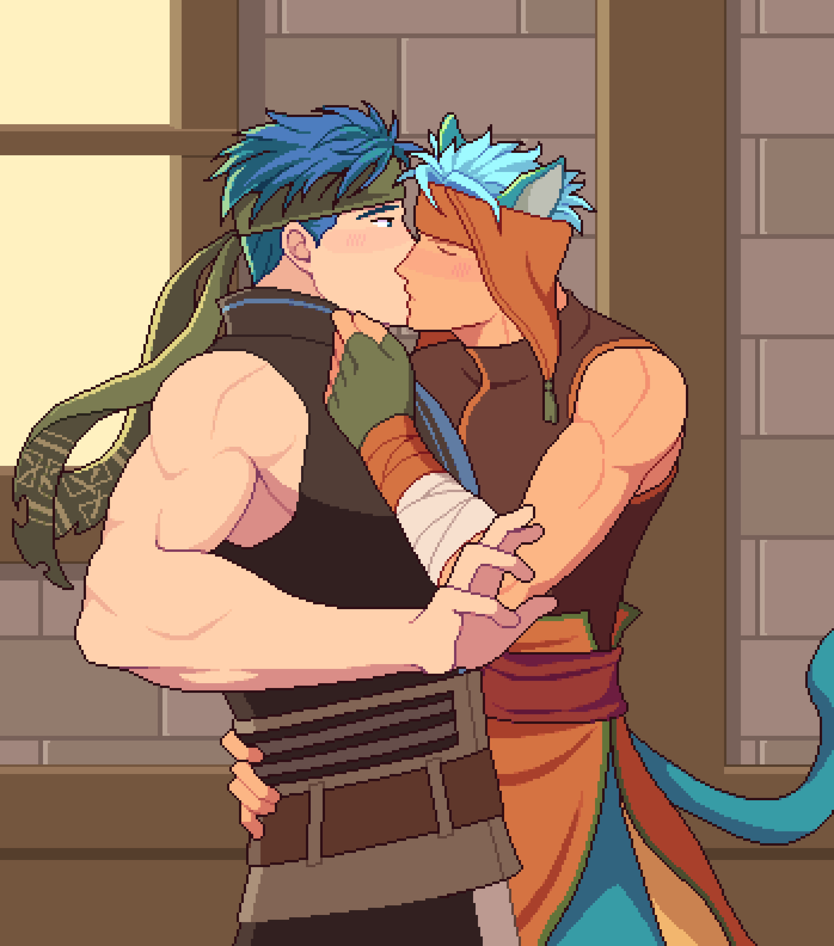 2boys, absurdres, animal_ears, bara, blue_eyes, blue_hair, blush, cat_boy