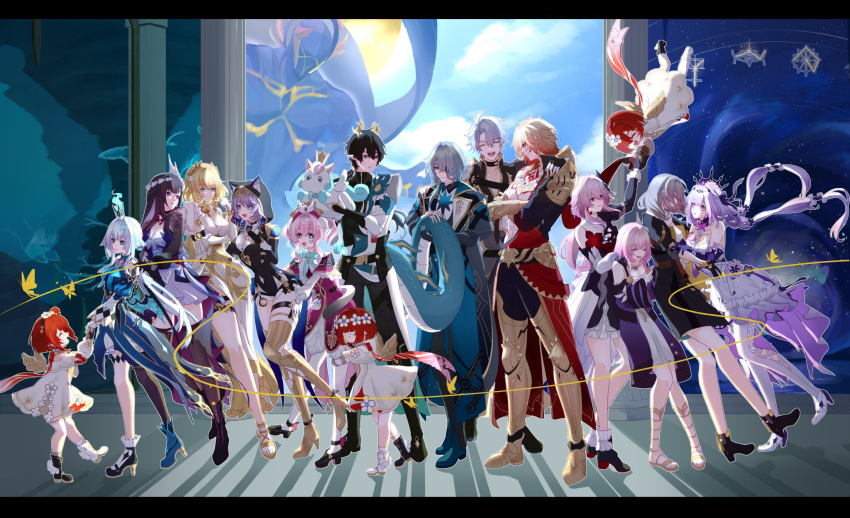 aglaea_(honkai:_star_rail), anaxa_(honkai:_star_rail), ancient_greek_clothes, argon_piz, black_hair, blonde_hair, blue_sky, boots